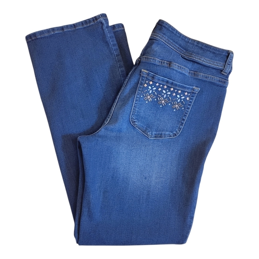 Chicos Blue Straight Leg Embellished Pockets Denim Jeans Size 12